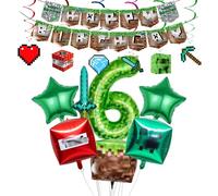 14Pcs Gaming Birthday Decorations, 6th Pixel Birthday Party Decorations with Balloons Banner Hanging Swirls for Fans Kids Boys