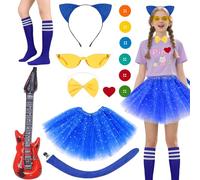 14PCS Girls Blue Cat Cosplay Set, Cat Character Costume Kit with Tutu Headband Tail Bow Tie Felt Patches Inflatable Guitar Glasses Socks for Animal Theme Party World Book Day Halloween
