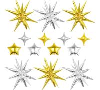 14pcs Gold Silver Star Balloons, Mixed Star Foil Balloon, 22Inch Explosion Stars Balloons with 10Inch Stars Shaped Balloon, for Birthday Graduation Anniversary Wedding Disco Party Decorations