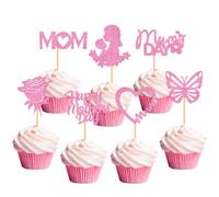 14Pcs Happy Mother's Day Cupcake Toppers Glitter Mum's Day Love Mum Cake Decorations Rose Butterfly Best Mom Ever Heart Cupcake Toppers for Best Mom Party Decorations (Pink)
