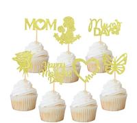 14Pcs Happy Mother's Day Cupcake Toppers Glitter Mum's Day Love Mum Cake Decorations Rose Butterfly Best Mom Ever Heart Cupcake Toppers for Best Mom Party Decorations (Gold)