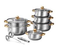 14pcs Kitchen Cookware Set,Stainless Steel Induction Hob Nonstick Pot Setwith Glass Lids and Stay-Cool Handles,Includes Saucepans,Stockpot,Frying Pan,Steamer for Cooking with Kitchen Utensil Sets