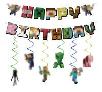 14Pcs MC Birthday Decorations Minecraft Bunting Garland and Hanging Decoration for Kids Cartoon Happy Birthday Banner,Hanging Swirls Theme Birthday Party Decor for Kids Birthday Party