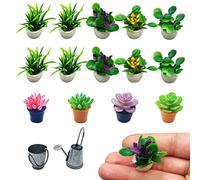 14pcs Mini Plant Pots Set, Artificial Fake Flower Pot Decoration, 1:12 Doll House Plant Model, Green Potted Garden Interior Decoration, with 1 Watering Can and 1 Bucket