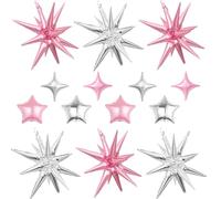 14pcs Pink Silver Star Balloons, Mixed Star Foil Balloon, 22Inch Explosion Stars Balloons with 10Inch Stars Shaped Balloon, for Girls Princess Birthday Wedding Baby Shower Party Decorations Graduation
