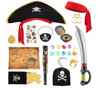 14Pcs Pirate Costume Accessories for Kids Fancy Dress Set for Halloween | Includes pirate hat, hook, eye patch, sword, telescope, compass, treasure map, coins and gems for World Book Day and parties