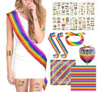 14PCS Rainbow Pride Set,Gay Pride LGBT Party Rainbow Sash,Rainbow Bandana Lesbian Parade Square Headscarf and Love Gay Temporary Face Tattoo for LGBTQ Pride Accessories Pride Month Party Supplies