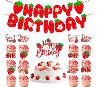 14Pcs Strawberry Theme Birthday Party Decorations - Glitter Sweet Berry Cake & Cupcake Toppers with Happy Birthday Banner for 1st Birthday Party Baby Showers Cake Decorations