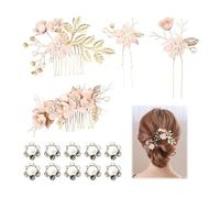 14Pcs Wedding Hair Accessories, Flower Rose Gold Crystal Bridal Hair Pins, Classy Vintage Rhinestone Headpiece Comb Clip with Pearl for wedding guest Brides Girls Women Bridesmaids Ball (Pink)