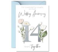 14th Anniversary Card for Women Men - Fancy Floral Flowers - Happy 14 Year Anniversary Card for Girlfriend Partner Wife Husband, A5 Wedding Anniversaries Greeting Cards