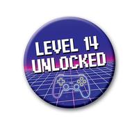 14th Birthday Badge - 76mm Level 14 Unlocked Pin Badge Button Video Game Birthday Gift for Boys