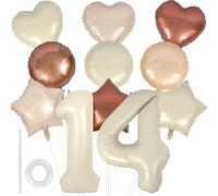 14th Birthday Balloons Decorations, 40in Number 14 Balloons with Straw and Ribbon Cream Heart Balloons Star Balloons Round Balloons Neutral Beige Foil Balloon Set for Girls Birthday Anniversary Party