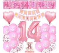 14th Birthday Banner Decorations for Girls - Pink Happy Birthday Banners Cake Topper, Number 14 Foil Balloon for 14 Years Old Girl Party Decoration
