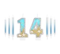 14th Birthday Candles for Cake, Silver Shell Sequins Birthday Candles, Boys Girls 14th Birthday Decorations, Mermaid Themed Birthday Decorations Party Supplies, Gold Blue Number 14 Candles Birthday