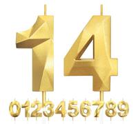 14th Birthday Candles, Number 14, Gold Birthday Candle for Cake, Diamond 3D Happy Birthdays Candles, Cake Candle Decorations for Birthdays Party Wedding Anniversary Celebration Supplies