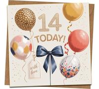 14th Birthday Card - 145mm Square - Balloons & Confetti Design with Blue Bow - '14 Today' - With Love Tag - Premium Greeting Card with Kraft Envelope for Boys or Girls