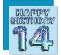 14th Birthday Card for Boys - Blue Glitter Party Balloon - Happy Birthday Cards for 14 Year Old Boy Grandson Son Brother Nephew, 145mm Greeting Cards Gift