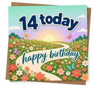 14th Birthday Card for Girl, ‘14 Today’ Meadow & Butterflies | Bold ‘14 today’ and ‘happy birthday’ over a sunrise flower meadow with butterflies-bright, cheerful 14th birthday for a girl.