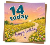14th Birthday Card for Girl, 14 Today, Meadow Path Sunset | Bold “14 today” and “happy birthday” lettering over a winding path through a sunset flower meadow for a Girl’s 14th.