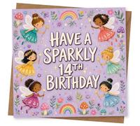 14th Birthday Card for Girl, Sparkly Birthday Fairies | “Have a Sparkly 14th Birthday” message with magical fairy girls, rainbows, flowers and mushrooms for a girl aged 14.