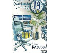 14th Birthday Card for Great-Grandson with Badge, Gaming Theme Design