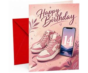 14th Birthday Card Pink Trainers and Phone Happy Birthday | Large A5 Card with Printed Inside Message; Playful pink high-top trainers for 14th Birthday