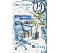 "14th Birthday Card with Badge for Great Grandson - Large 9x6 Gaming Themed Card with Gift & Headset Design - Happy Birthday Card for Boys Age 14"