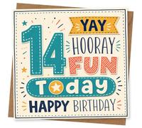14th Birthday Card, YAY Hooray Fun Today Design, Happy Birthday Greeting Card for 14 Year Old Boy or Girl