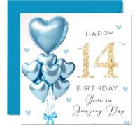 14th Birthday Cards for Boys - Blue Glitter Balloons - Happy Birthday Card for 14 Year Old Boy Godson Step Son Nephew Brother, 145mm Bday Greeting Cards
