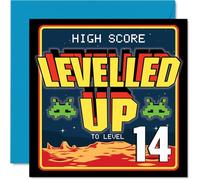14th Birthday Cards for Boys Girls - Leveled UP - Happy Birthday Card for 14 Year Old Boy Girl Son Grandson Niece Brother, 145mm Bday Greeting Cards