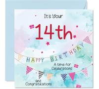 14th Birthday Cards for Boys - Party Bunting - Happy Birthday Card for 14 Year Old Boy Brother Son Great Nephew Grandson, 145mm Bday Greeting Cards