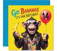 14th Birthday Cards for Girls Boys - Monkey Go Bananas It's Your Birthday! - Happy Bday Card for 14 Year Old Girl Boy Granddaughter Son Daughter Sister, 145mm Bday Greeting Cards