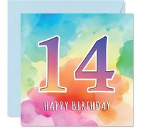 14th Birthday Cards for Boys Girls - Colourful Watercolour Age - Happy Birthday Card for 14 Year Old Boy Girl Son Grandson Niece Brother, 145mm Bday Greeting Cards