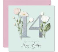 14th Birthday Cards for Girls - Fancy Floral Flowers - Happy Birthday Card for 14 Year Old Girl Great Niece Daughter Goddaughter Granddaughter, 145mm Bday Greeting Cards