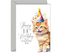14th Birthday Cards for Son - Party Cat Kitten - Happy Birthday Card for 14 Year Old Son from Dad Mum, A5 Bday Boys Boy Teenage Greeting Cards Gift for Son Birthday Gifts
