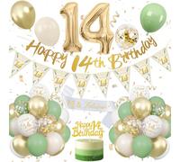 14th Birthday Decoration Sage Green, Green White Gold Birthday Decorations for 14 Year Old, Number 14 Balloons with Banner, Cake Decoration for Boy and Girl, 14 Year Old Birthday Decoration