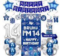 14th Birthday Decorations Balloon Banner - 32 Pcs Blue Silver Bruh I'm 14 Banner Number 14 Foil Balloon Hanging Swirls Cake Topper Sash for Girls Boys 14 Years Old Party Supplies