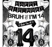 14th Birthday Decorations Balloons Banner - 28 Pcs Black Silver Happy Birthday Banner Decorations Bruh I'M 14 Banners Curtain Backdrop Foil Balloons for 14 Year Old Boy Party Decoration Supplies