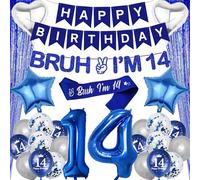 14th Birthday Decorations Balloons Banner - 28 Pcs Blue Silver Happy Birthday Banner Decorations Bruh I'M 14 Banners Curtain Backdrop Foil Balloons for 14 Year Old Boy Party Decoration Supplies
