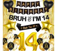 14th Birthday Decorations Balloons Banner - 28 Pcs Boys Black Gold Happy Birthday Banner Decorations Bruh I'M 14 Banners Curtain Backdrop Foil Balloons for 14 Years Old Boy Party Decor Supplies