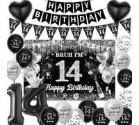 14th Birthday Decorations Balloons Banner - Black Silver Backdrop Decoration Set with Pennants, Happy Birthday Banner, Foil Balloon and Latex Balloons for 14 Years Old Party Supplies