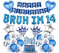 14th Birthday Decorations Balloons Boy - 34 Pcs Blue Silver Bruh Im 14 Banner Fishtail Flag Star Crown Foil Balloons Cake Topper Set for Boys 14 Year Old Birthday Party Decor Supplies