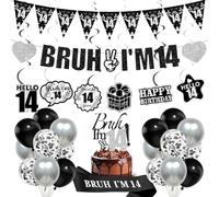 14th Birthday Decorations Balloons Boys - 28 Pcs Black Bruh I'M 14 Banner Swirl Hangings Confetti Balloons Sash Cake Topper for Boy 14 Years Old Birthday Party Decor Supplies
