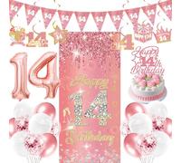 14th Birthday Decorations Balloons Girls - 29 Pcs Rose Gold Triangle Banner Hanging Swirls Backdrop Glitter Cake Topper Number 14 Foil Balloon for Her Gilr 14 Years Old Happy Birthday Party Supplies