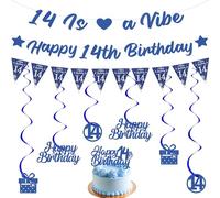 14th Birthday Decorations Banner for Boy - Blue Decoration Hanging Swirls Set with Bunting Pennant, Happy Birthday Banners Cake Topper for Kids 14 Years Old Party Supplies