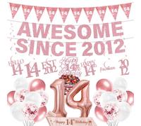 14th Birthday Decorations Banner Girl - 29 Pcs Rose Gold Banner Awesome Since 2012 Triangle Flag Hanging Swirls Cake Topper Sash Balloon Set for Her Girls 14 Year Old Party Decor Supplies