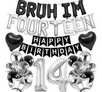 14th Birthday Decorations Banners Boy - 39 Pcs Black Silver Happy Birthday Banner BRUH I'M FOURTEEN Star Heart Number 14 Foil Balloons Decoration Sequin Balloons for 14 Years Old Boys Party Decor