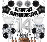 14th Birthday Decorations - Black & Silver 50 Piece Set With Number 14 Foil Balloons, Banner, Star, Love & Paper Flowers Cake Toppers