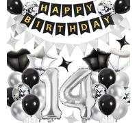 14th Birthday Decorations Black Silver - Happy Birthday Banner Bunting Star Heart Number 14 Foil Balloons Latex Balloon, Party Supplies for Boys and Girls 14 Year Old Party Decor