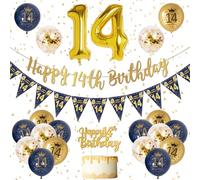 14th Birthday Decorations Boys Blue Gold Happy 14th Birthday Banner, 14th Birthday Balloons, Navy Blue Gold Latex Balloons Party Decorations Confetti Balloons for Boys 14 Birthday Party Supplies
